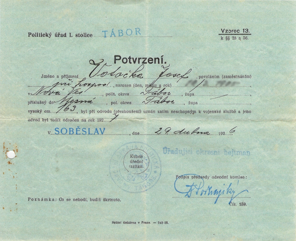 1926 Potvrzení - Josef Votočka