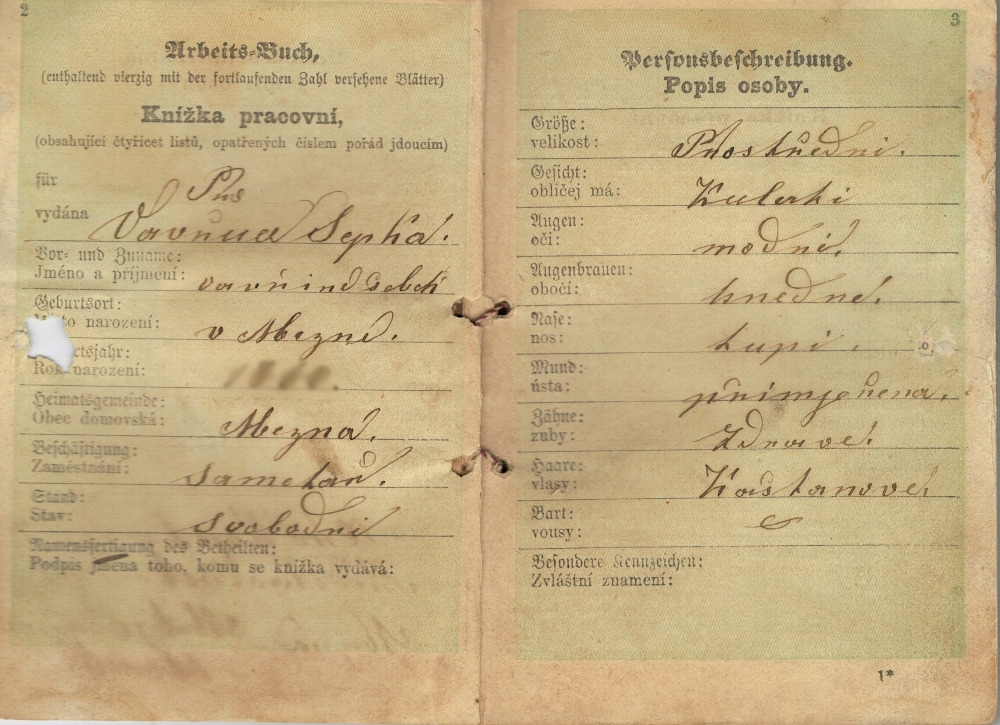 1884 Knížka pracovní - Vavřinec Šebek